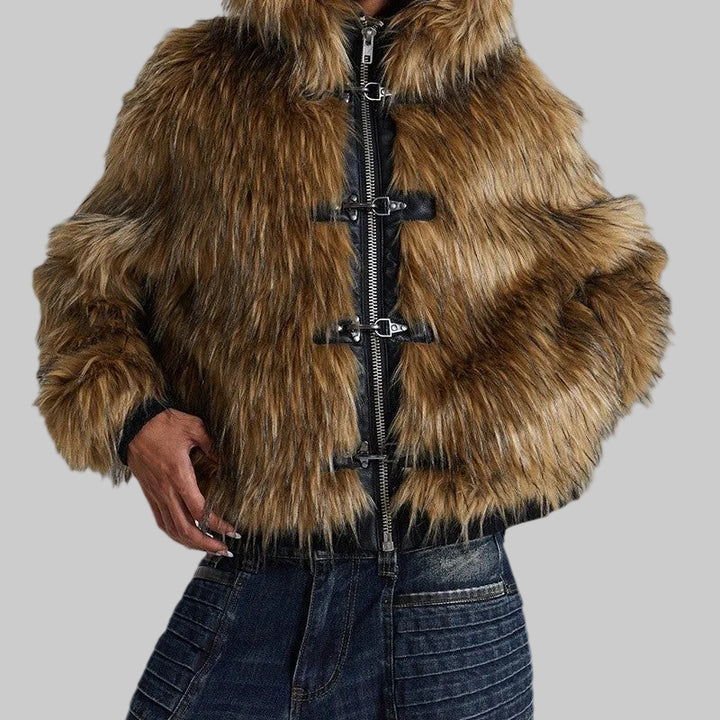 Women's Faux Fur Hooded Jacket with Toggle Closures