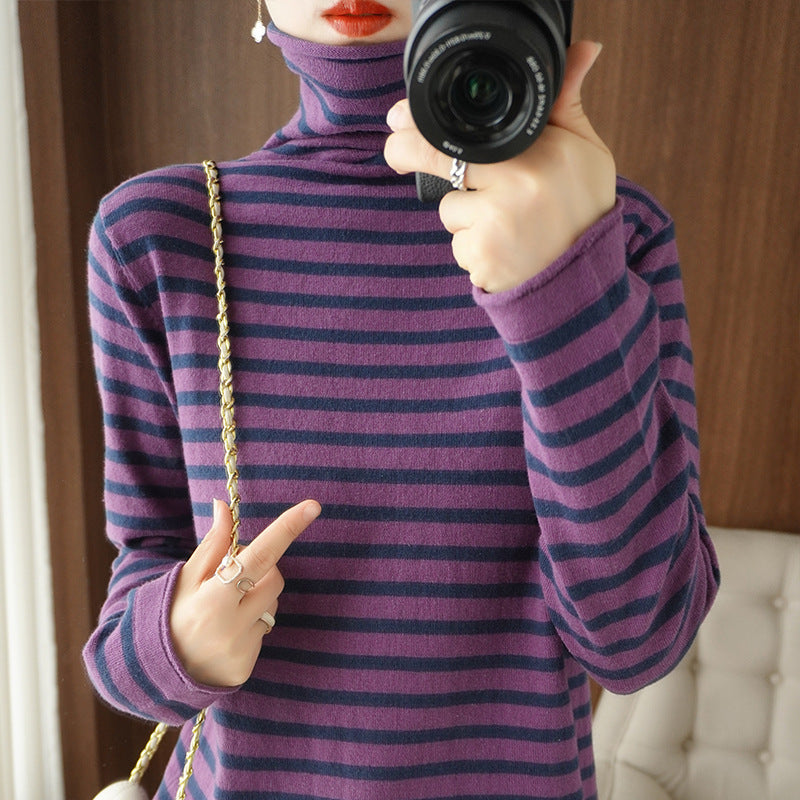 Women's Striped Fine-Knit Turtleneck Jumper - Blue Violet