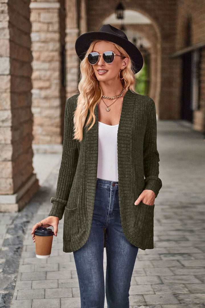 Women's Longline Open-Front Cardigan with Patch Pockets - Olive Green