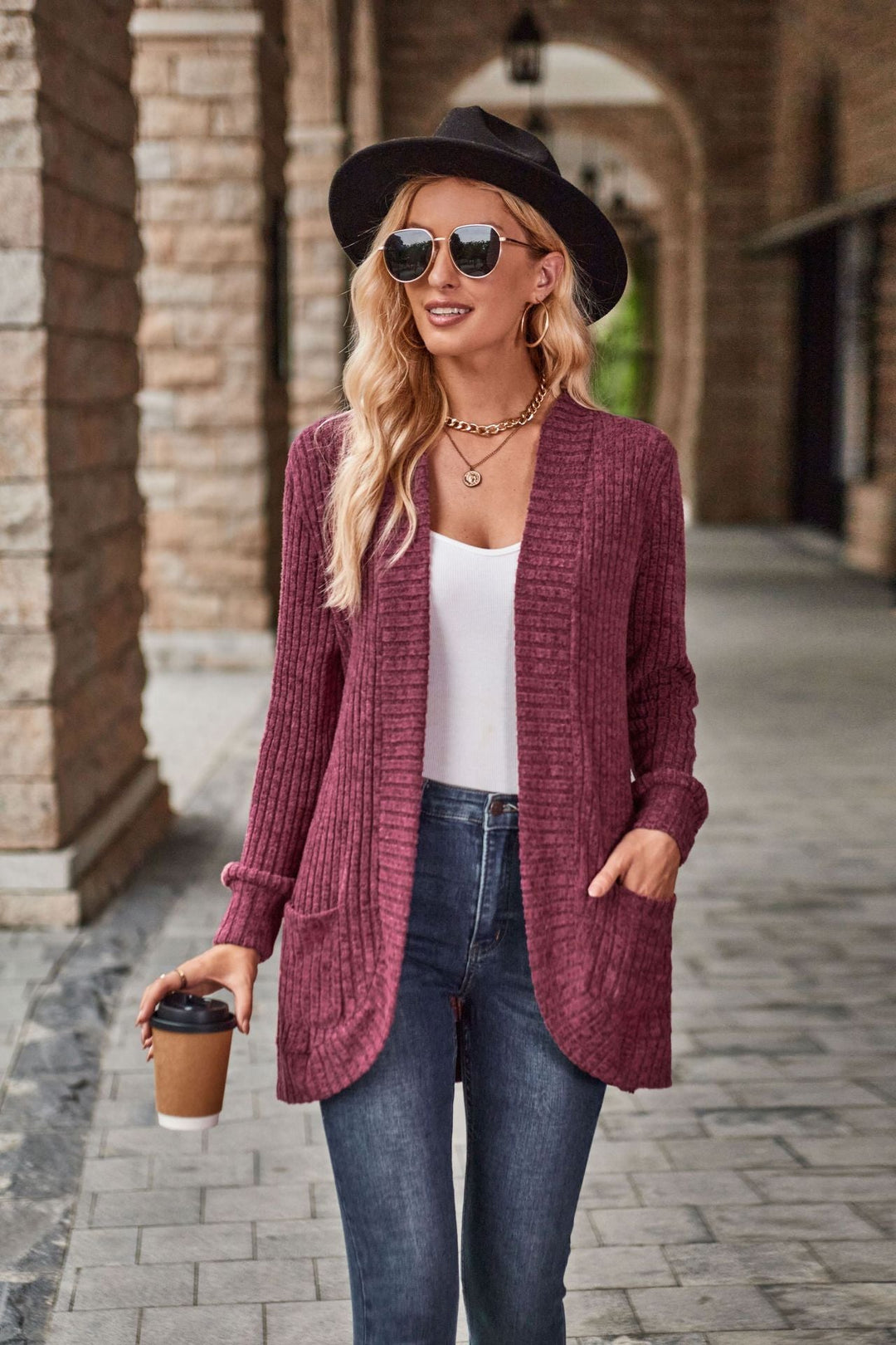 Women's Longline Open-Front Cardigan with Patch Pockets - Burgundy