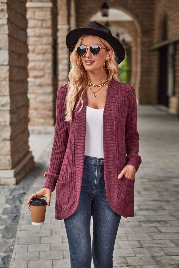 Women's Longline Open-Front Cardigan with Patch Pockets - Burgundy