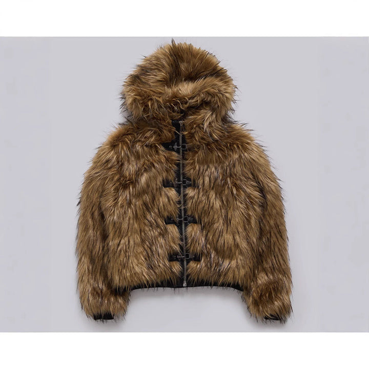 Women's Faux Fur Hooded Jacket with Toggle Closures