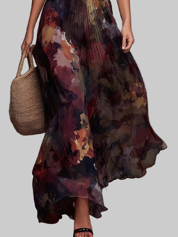 Women's Floral Pleated Maxi Dress with Deep V Neck and High-Low Hem