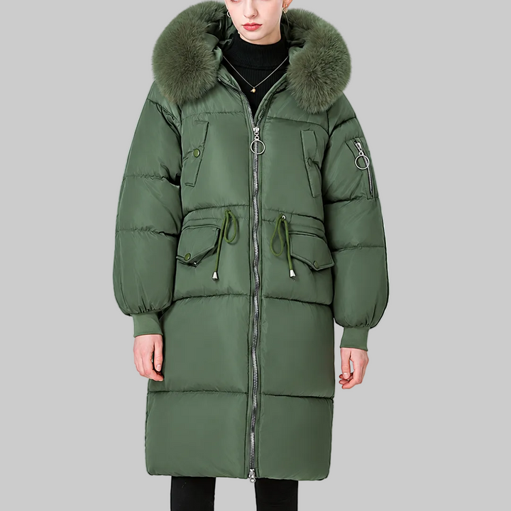 Women's Mid-Length Padded Winter Coat with Faux Fur-Style Hood Trim and Drawstring Waist