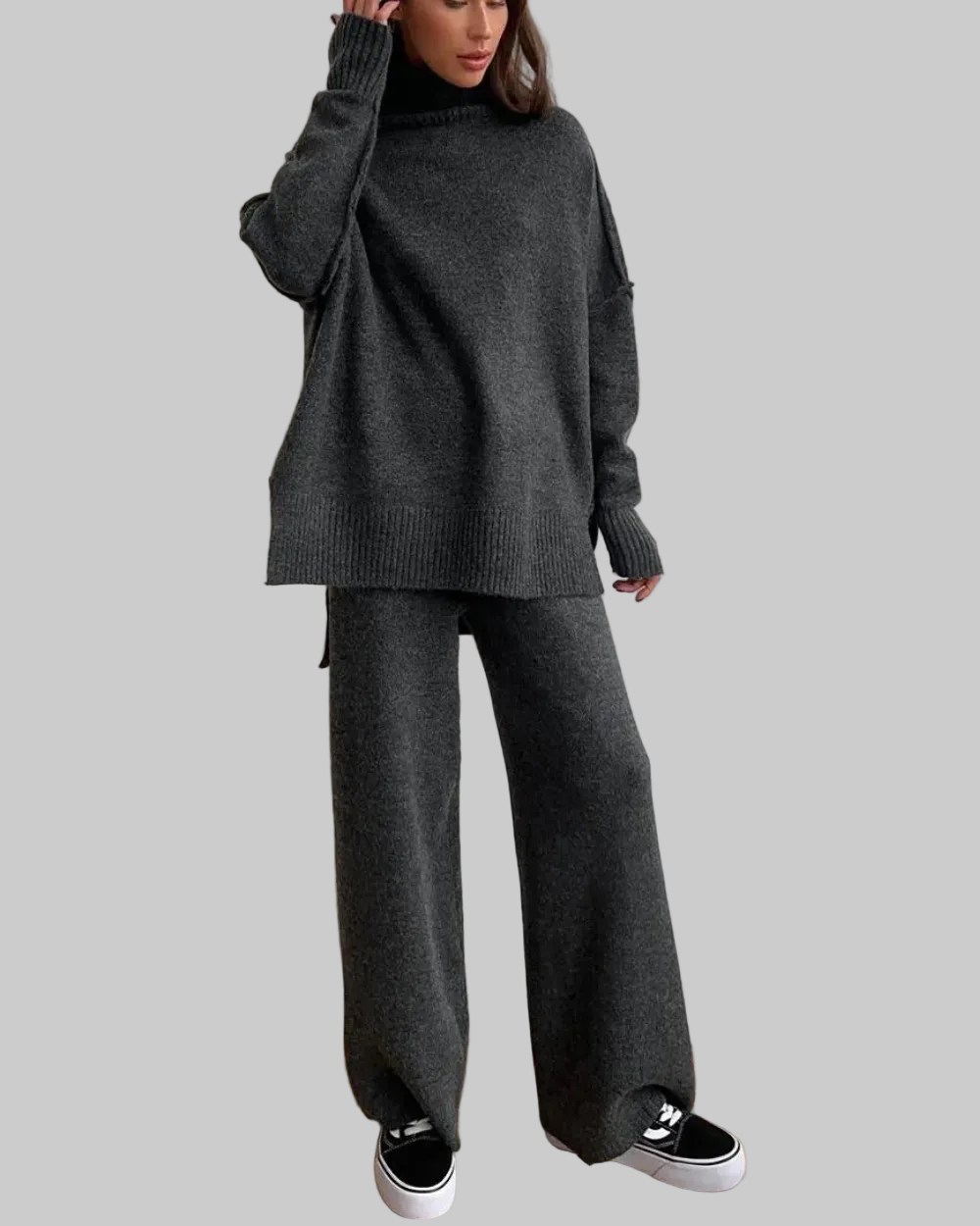 Women's Roll-Neck Knit Jumper & Wide-Leg Trouser Set