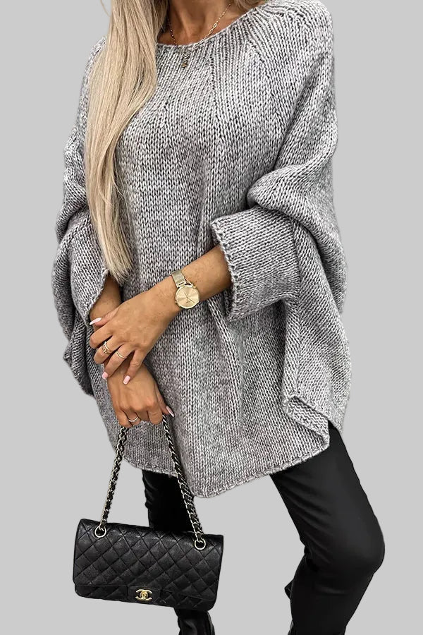 Oversized Knitted Poncho Jumper with Batwing Sleeves and Round Neck