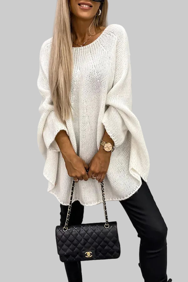 Oversized Knitted Poncho Jumper with Batwing Sleeves and Round Neck