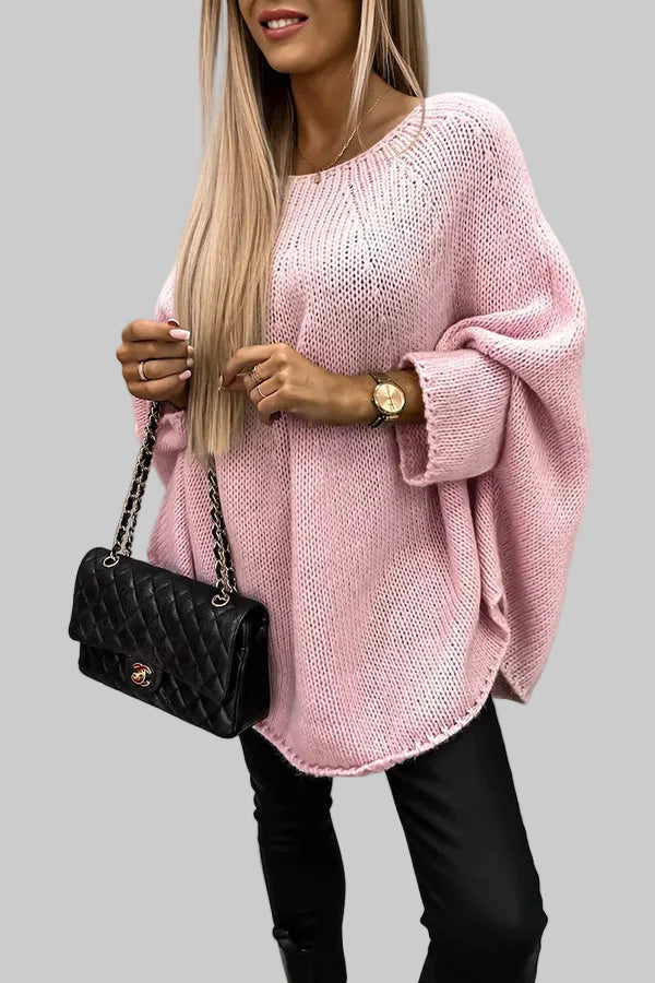 Oversized Knitted Poncho Jumper with Batwing Sleeves and Round Neck