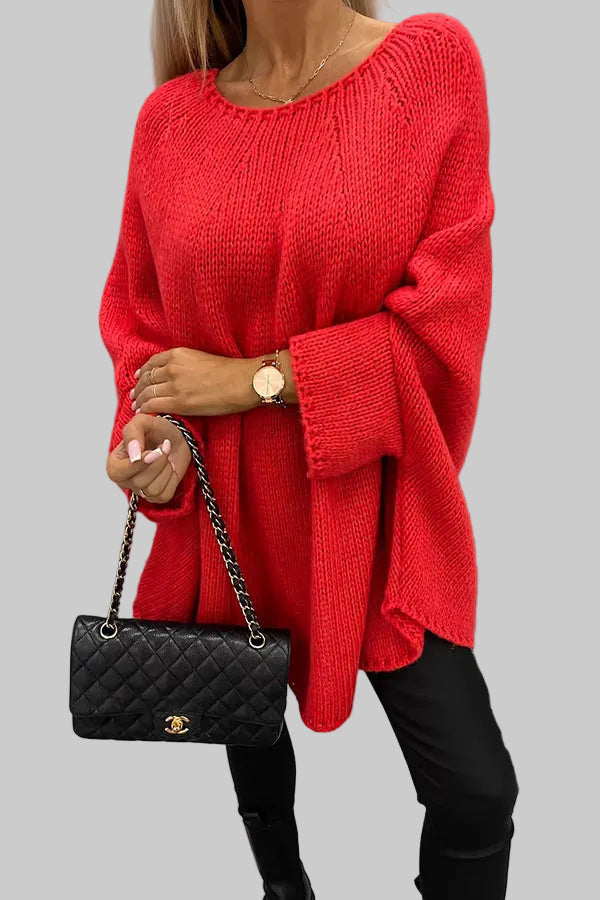 Oversized Knitted Poncho Jumper with Batwing Sleeves and Round Neck
