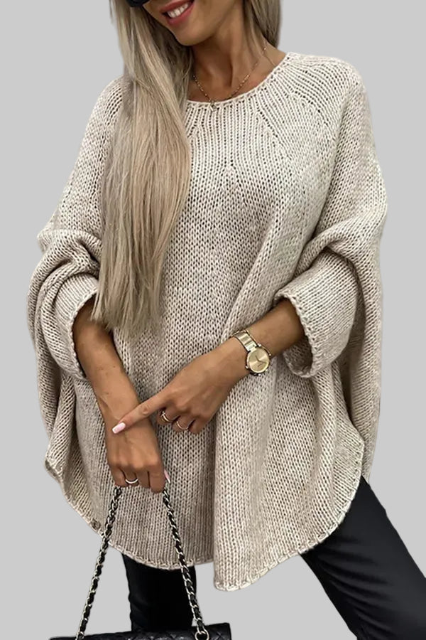 Oversized Knitted Poncho Jumper with Batwing Sleeves and Round Neck
