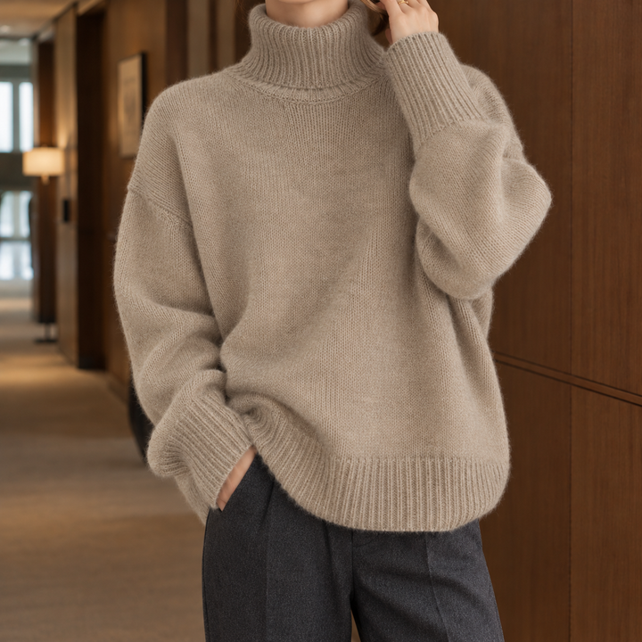 Women's Oversized Ribbed Turtleneck Jumper - Khaki
