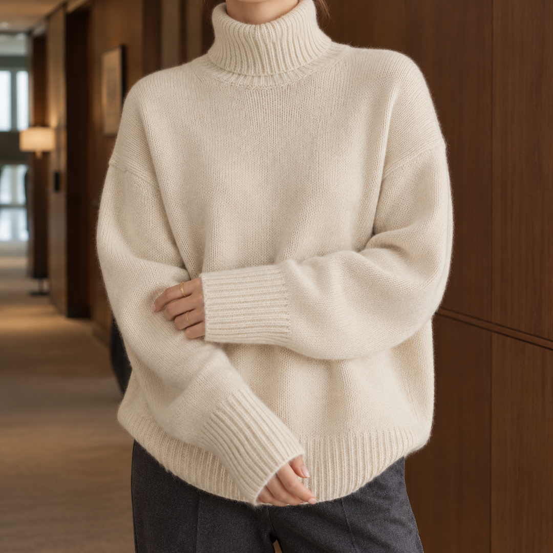 Women's Oversized Ribbed Turtleneck Jumper - Beige