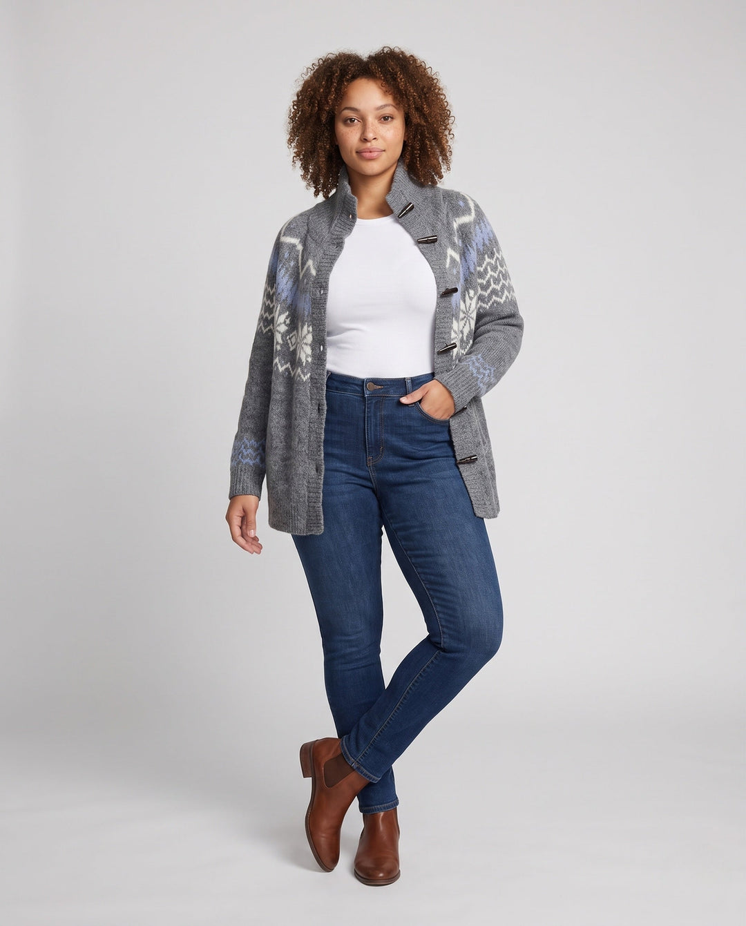 Women's Nordic Pattern High-Collar Button-Up Cardigan