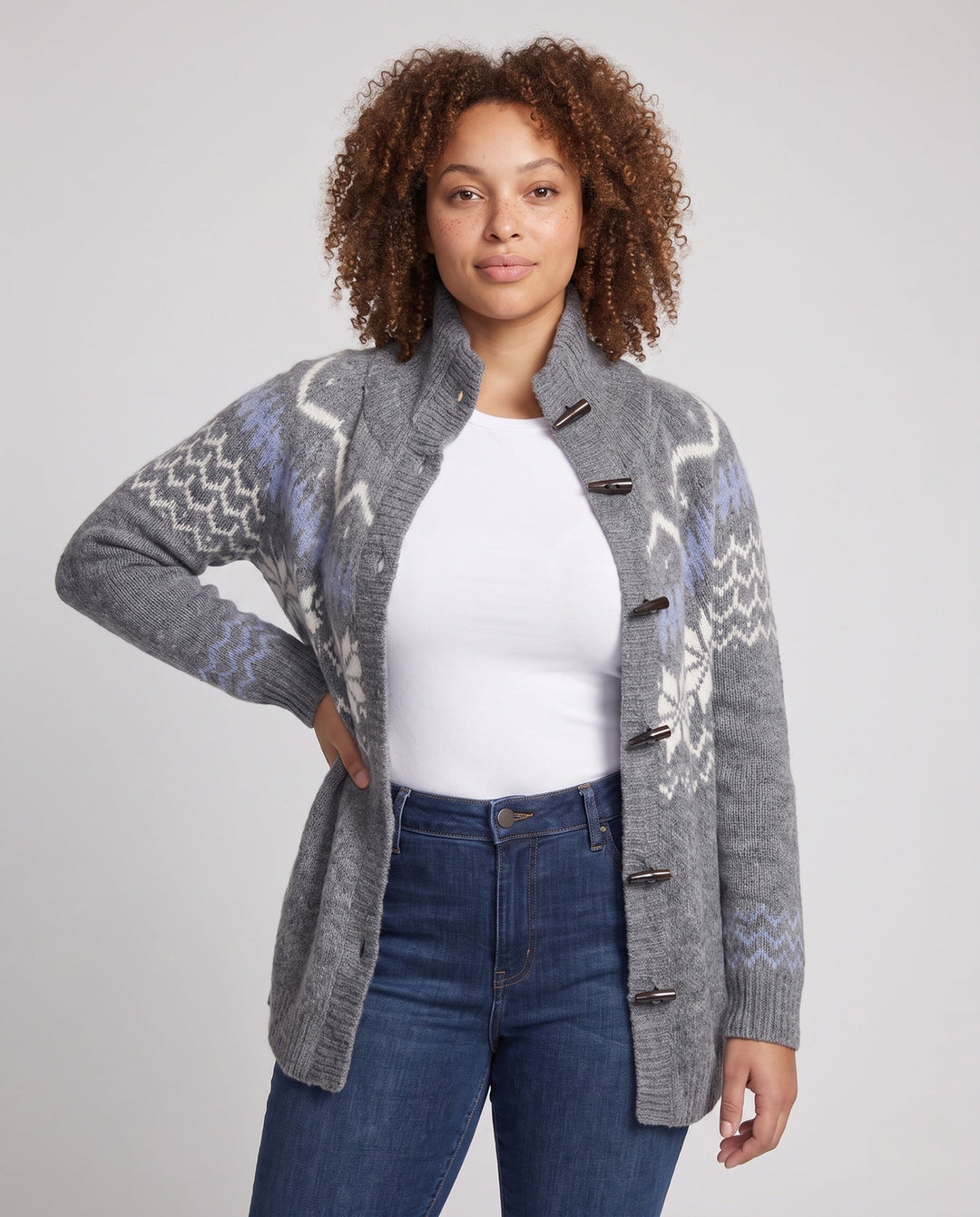 Women's Nordic Pattern High-Collar Button-Up Cardigan