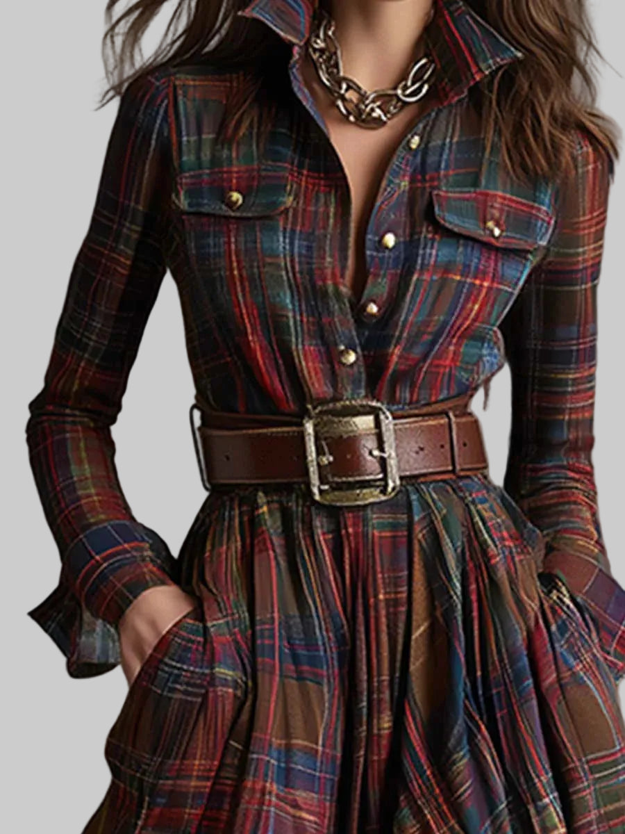 Women's Checked Belted Maxi Shirt Dress with Button Front