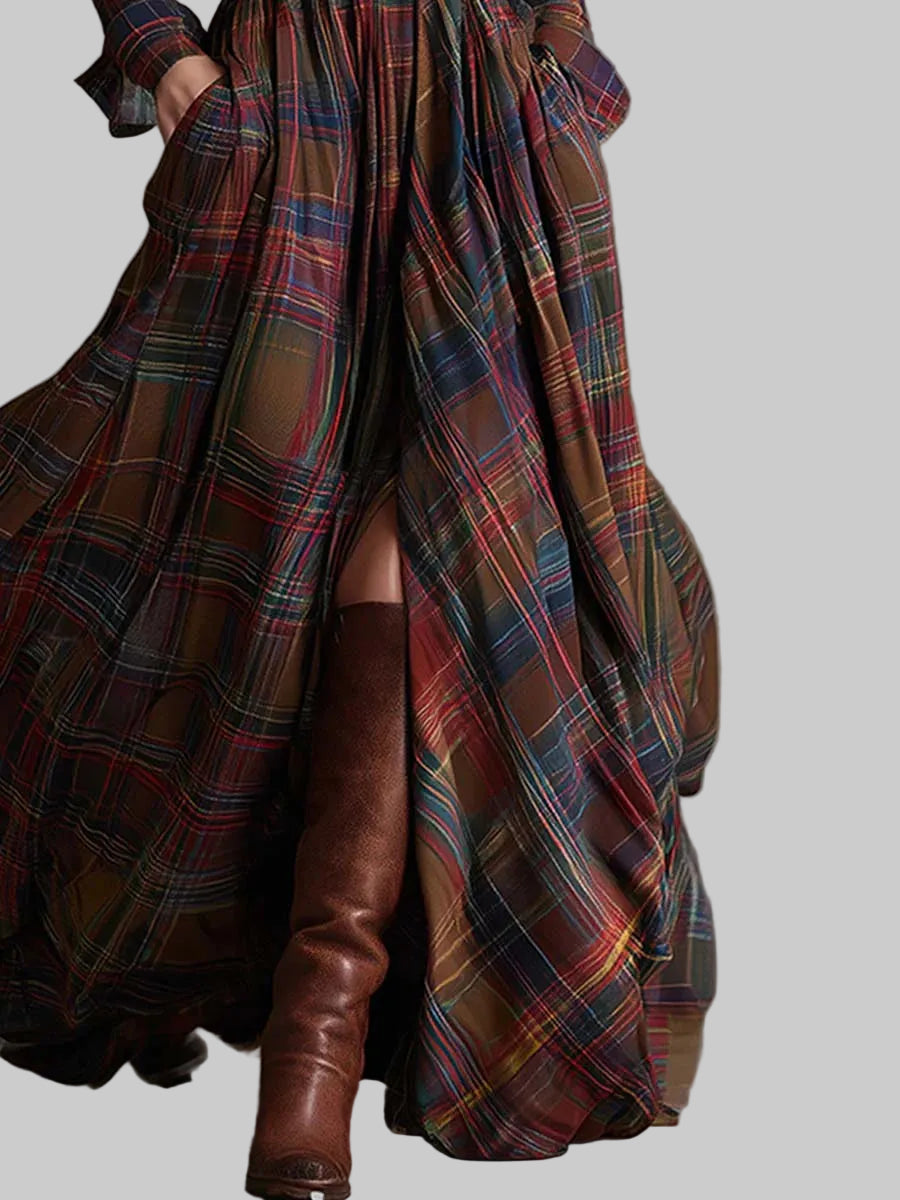 Women's Checked Belted Maxi Shirt Dress with Button Front