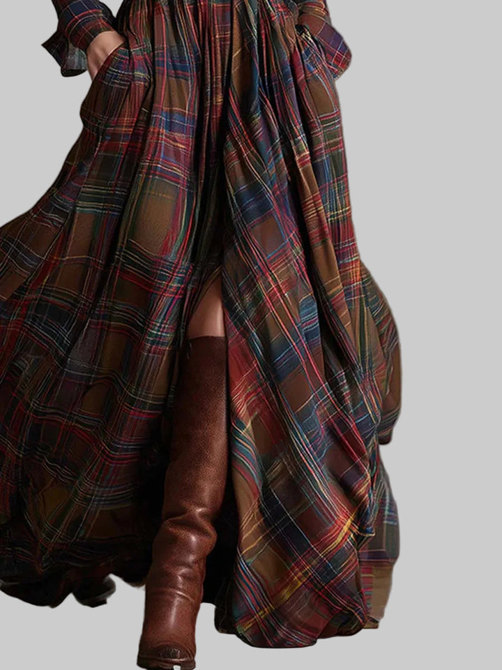 Women's Checked Belted Maxi Shirt Dress with Button Front