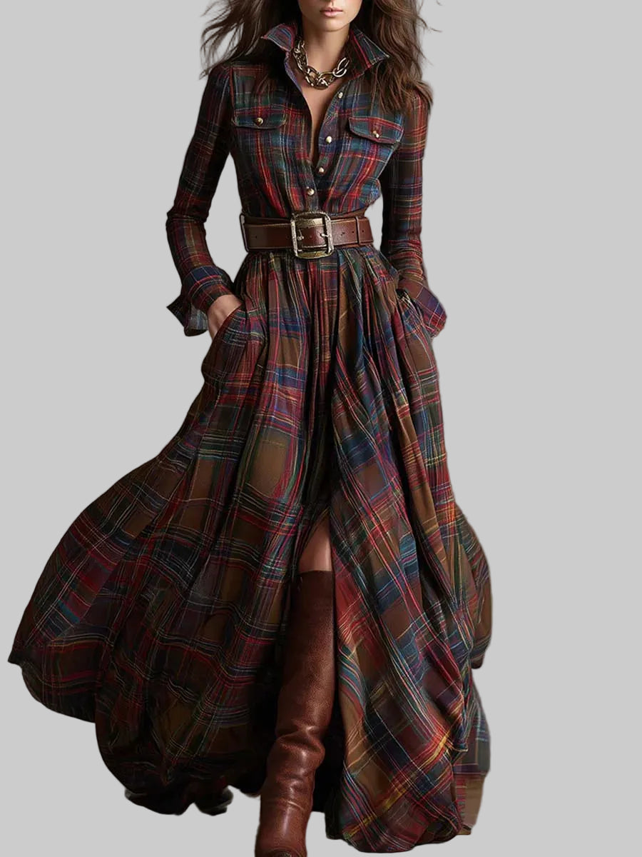 Women's Checked Belted Maxi Shirt Dress with Button Front