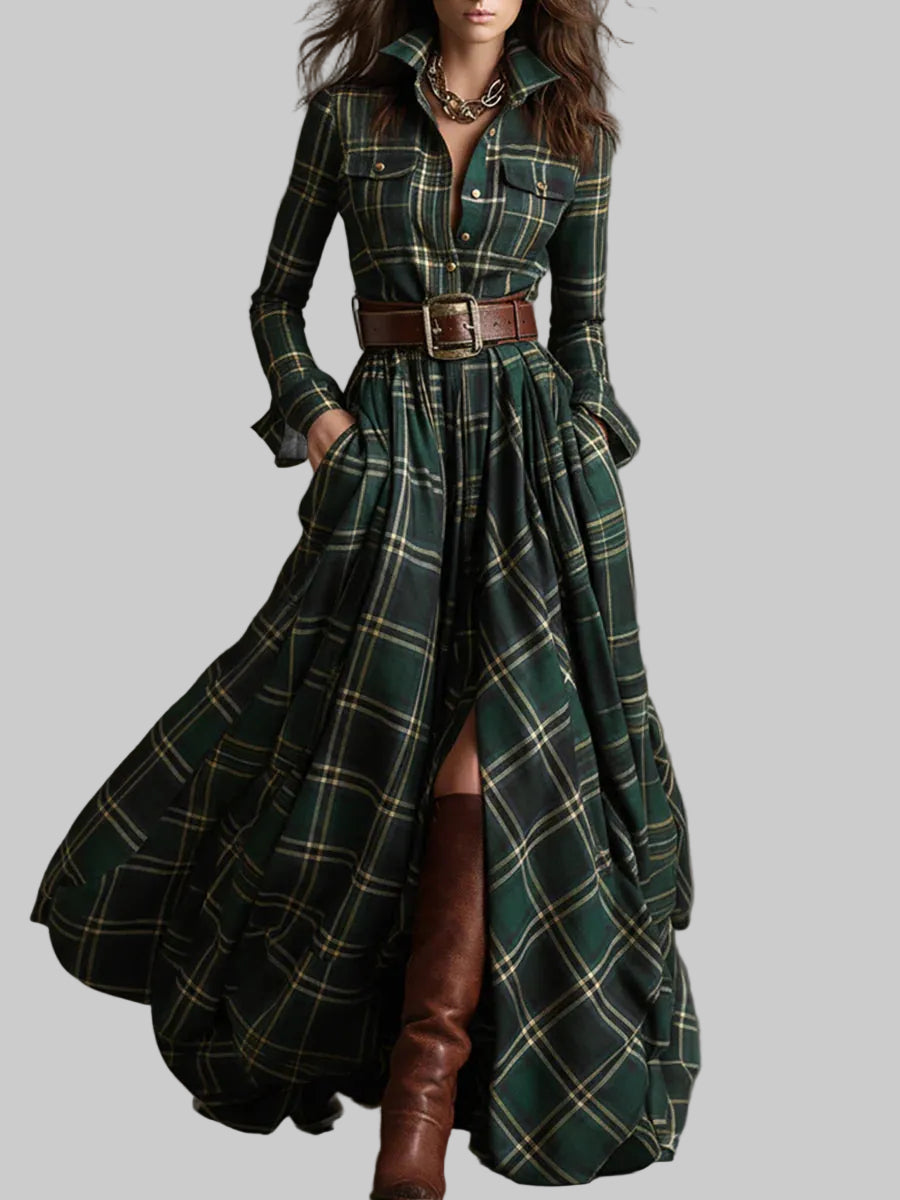 Women's Checked Belted Maxi Shirt Dress with Button Front
