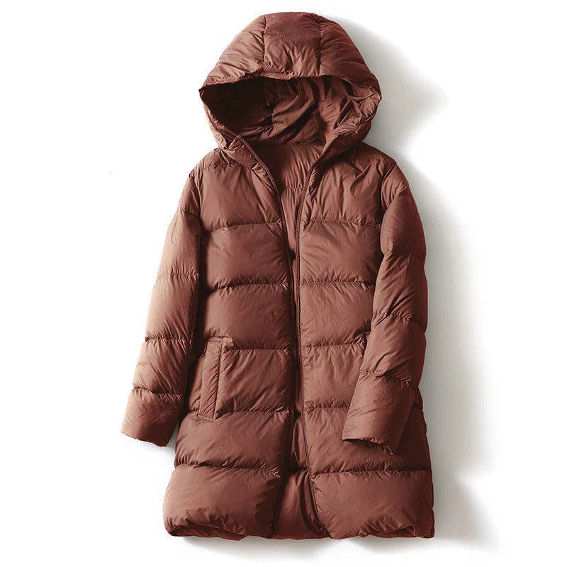 Women's Hooded Down Mid-Length Puffer Coat - Espresso Brown
