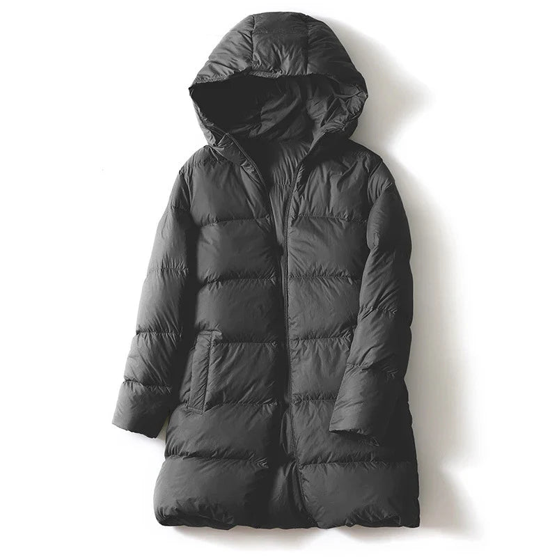 Women's Hooded Down Mid-Length Puffer Coat - Charcoal