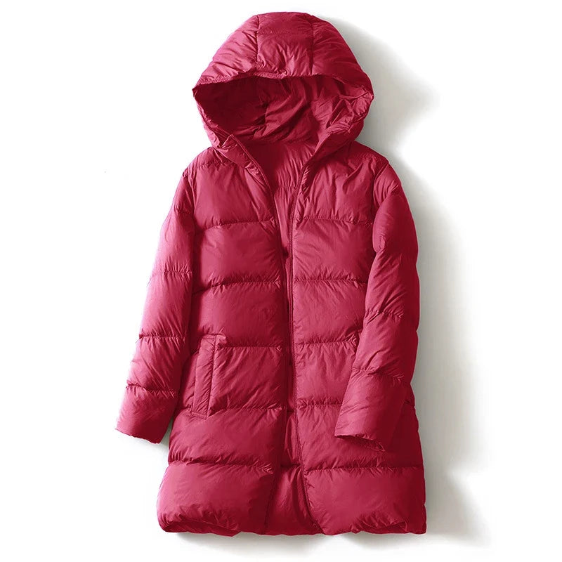 Women's Hooded Down Mid-Length Puffer Coat - Cherry