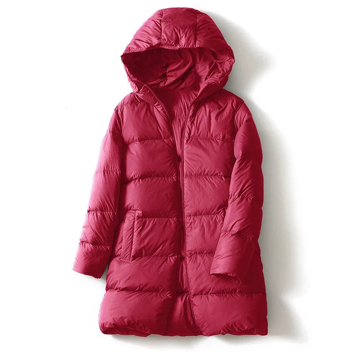 Women's Hooded Down Mid-Length Puffer Coat - Cherry