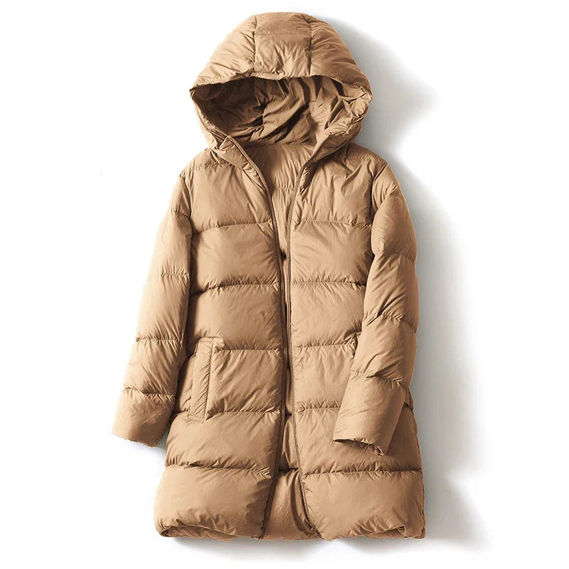 Women's Hooded Down Mid-Length Puffer Coat - Sienna Brown