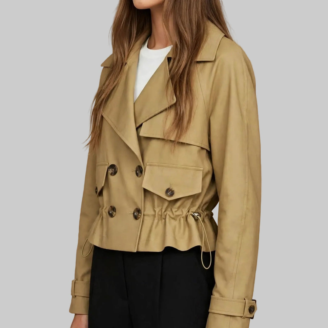 Women's Cropped Double-Breasted Trench Coat with Drawstring Waist