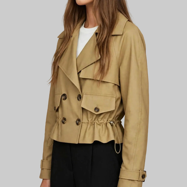 Women's Cropped Double-Breasted Trench Coat with Drawstring Waist