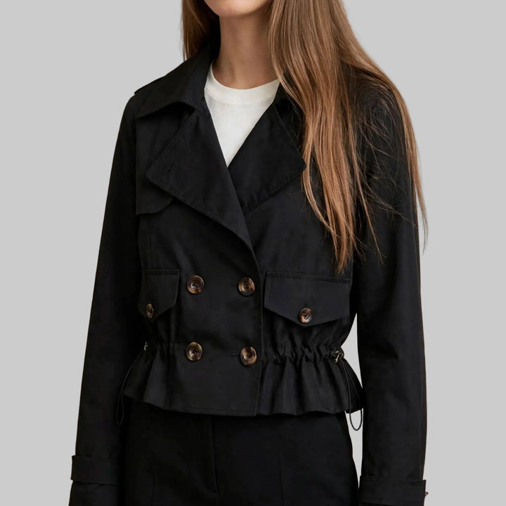 Women's Cropped Double-Breasted Trench Coat with Drawstring Waist