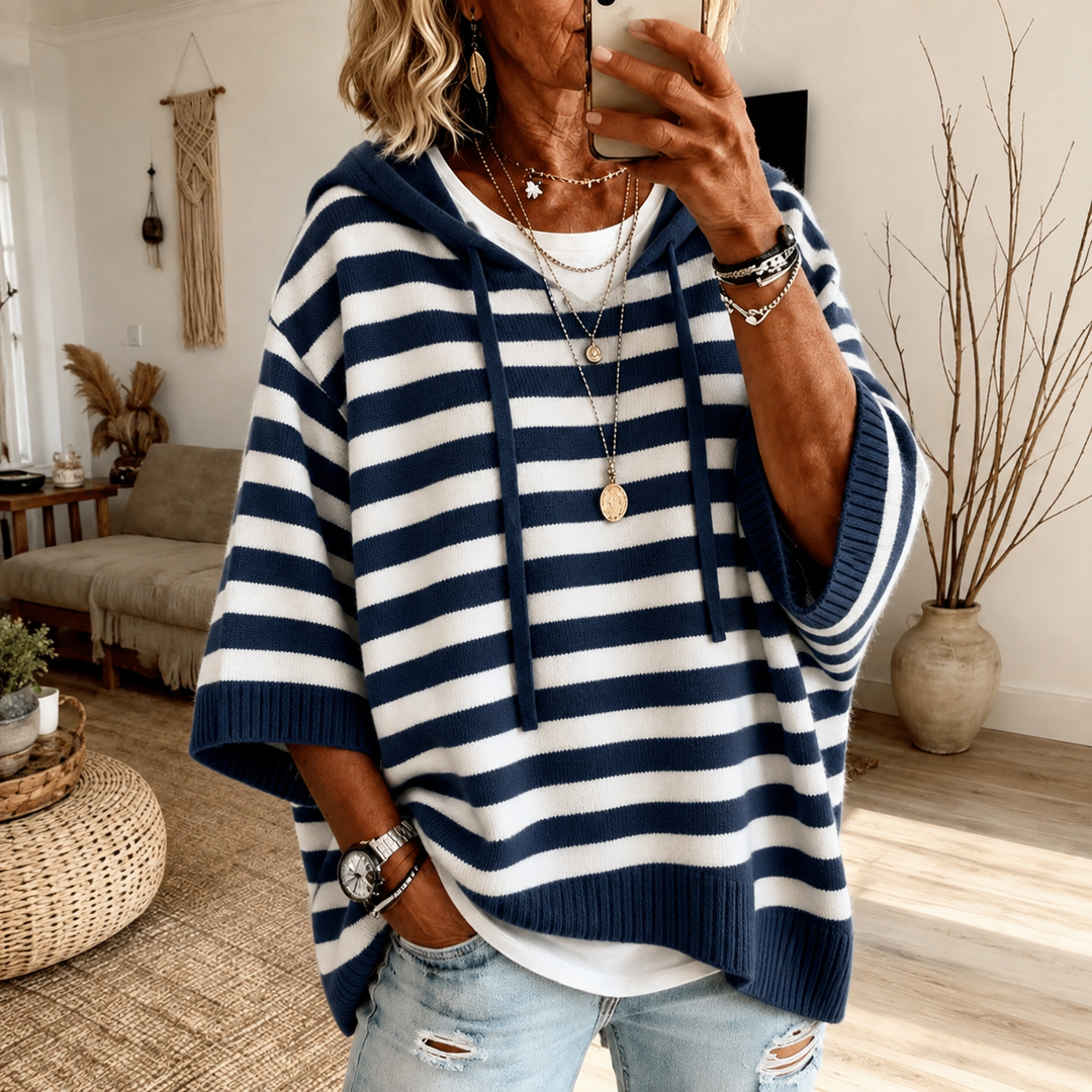 Women's Striped Hooded Knit Poncho Sweater - Navy Blue Striped