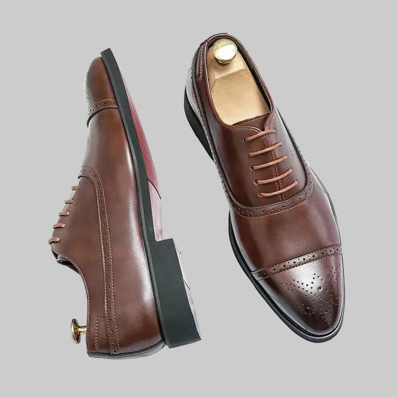 Men's Genuine Leather Cap-Toe Oxford Brogue Shoes