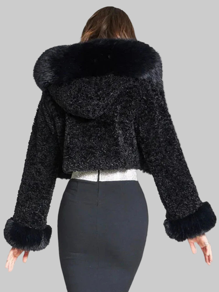 Women's Cropped Faux Fur Jacket with Oversized Hood and Wide Cuffs