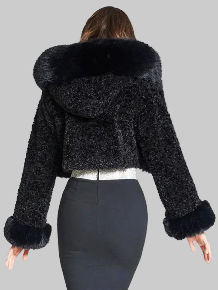 Women's Cropped Faux Fur Jacket with Oversized Hood and Wide Cuffs