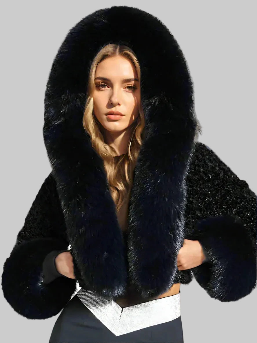 Women's Cropped Faux Fur Jacket with Oversized Hood and Wide Cuffs