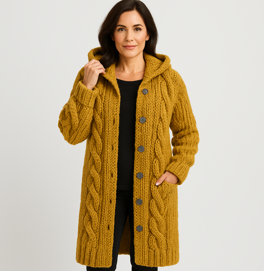 Oversized Cable-Knit Hooded Long Coat