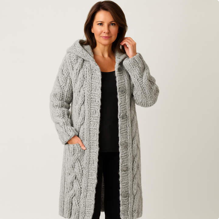 Oversized Cable-Knit Hooded Long Coat