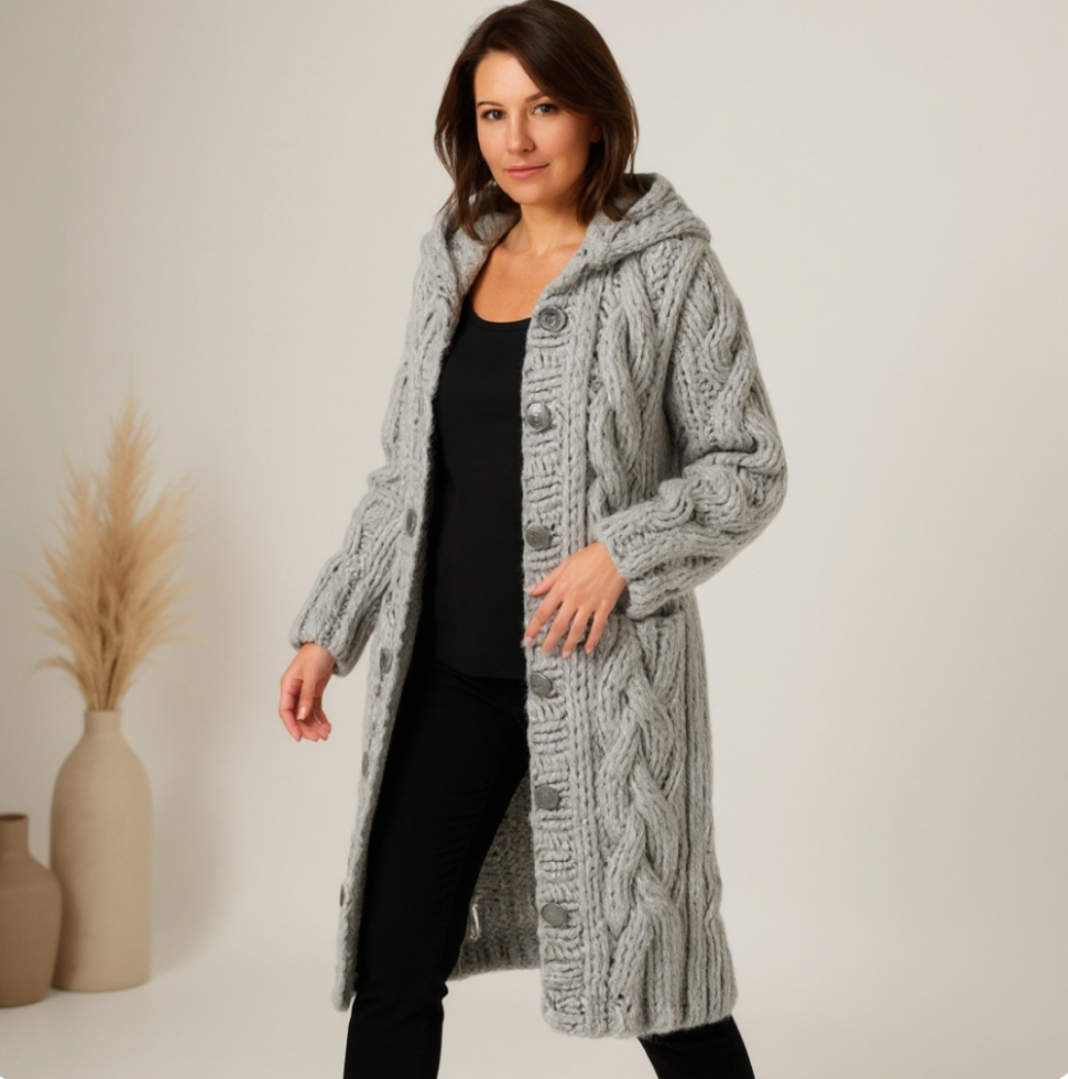 Oversized Cable-Knit Hooded Long Coat