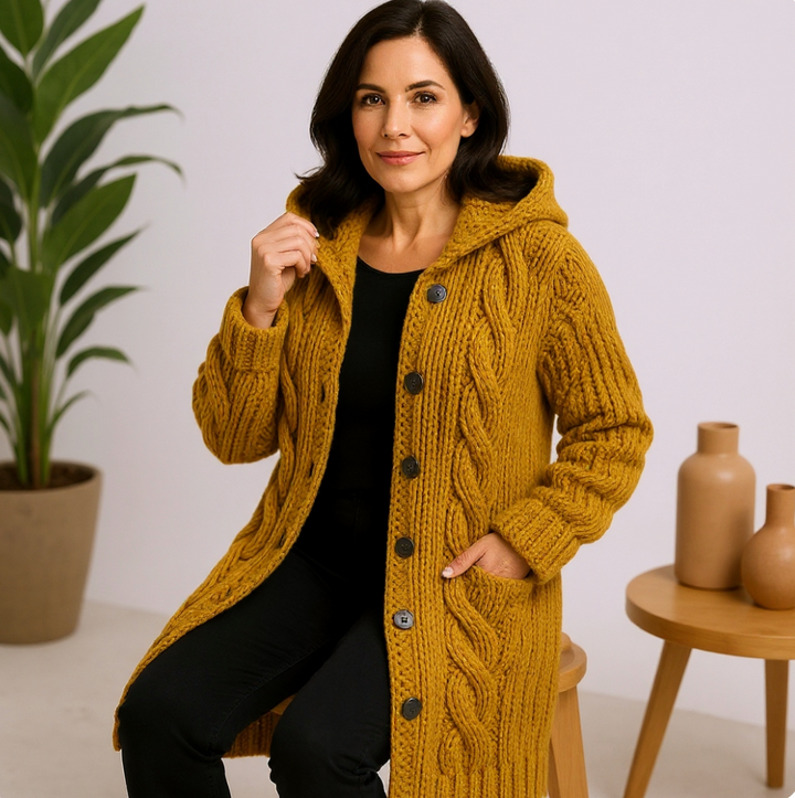 Oversized Cable-Knit Hooded Long Coat
