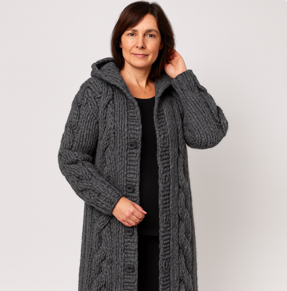 Oversized Cable-Knit Hooded Long Coat