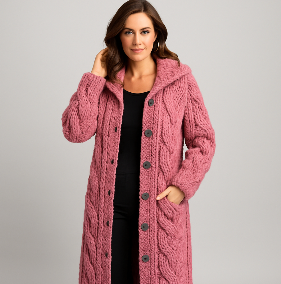 Oversized Cable-Knit Hooded Long Coat