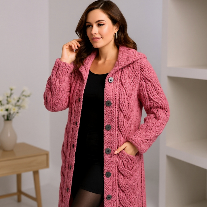 Oversized Cable-Knit Hooded Long Coat