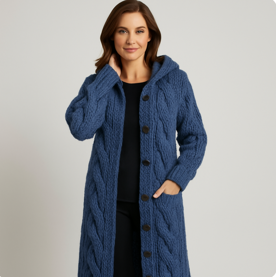 Oversized Cable-Knit Hooded Long Coat