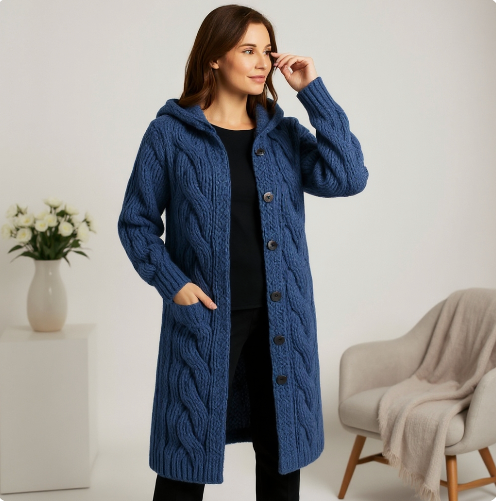 Oversized Cable-Knit Hooded Long Coat