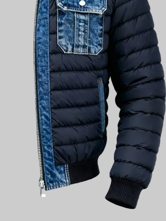 Hybrid Denim and Quilted Jacket with Zip Front and Chest Pockets