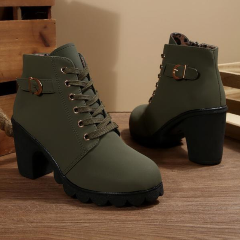 Women's Lace-Up Buckle Chunky Ankle Boots - Gray