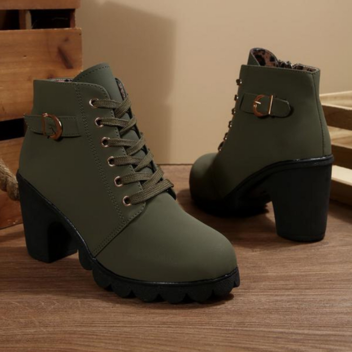 Women's Lace-Up Buckle Chunky Ankle Boots - Gray