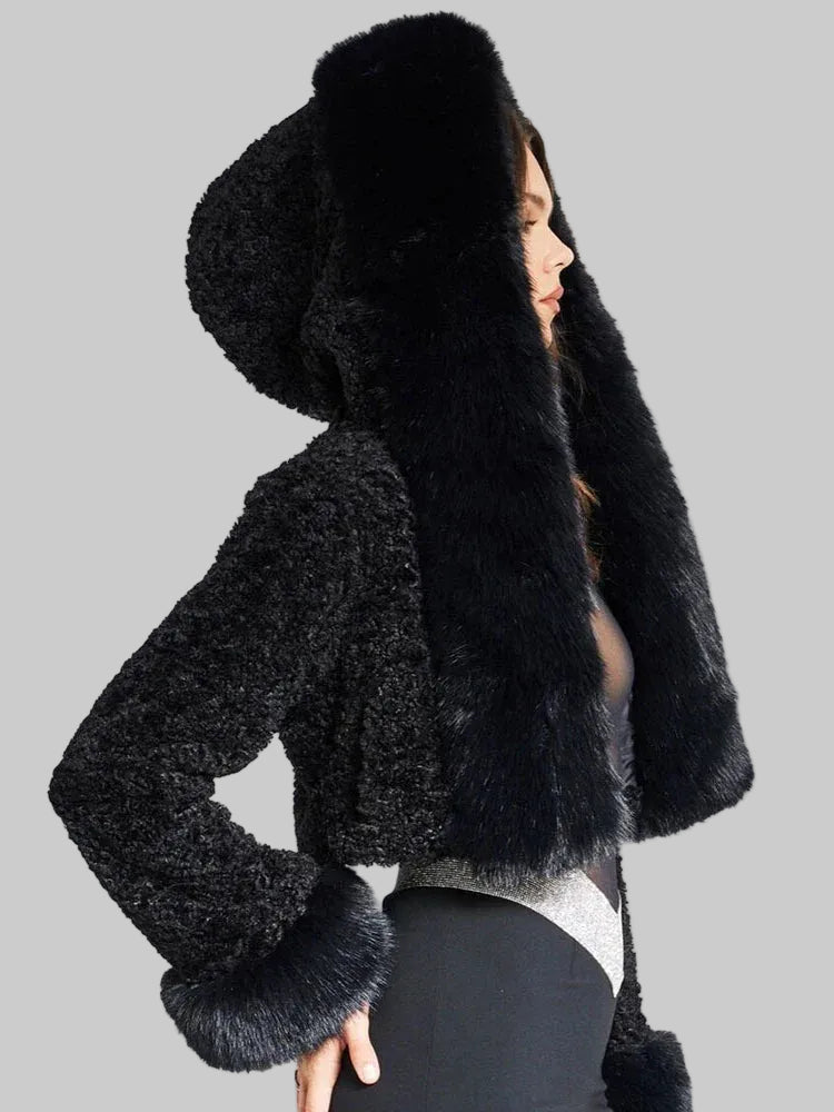 Women's Cropped Faux Fur Jacket with Oversized Hood and Wide Cuffs