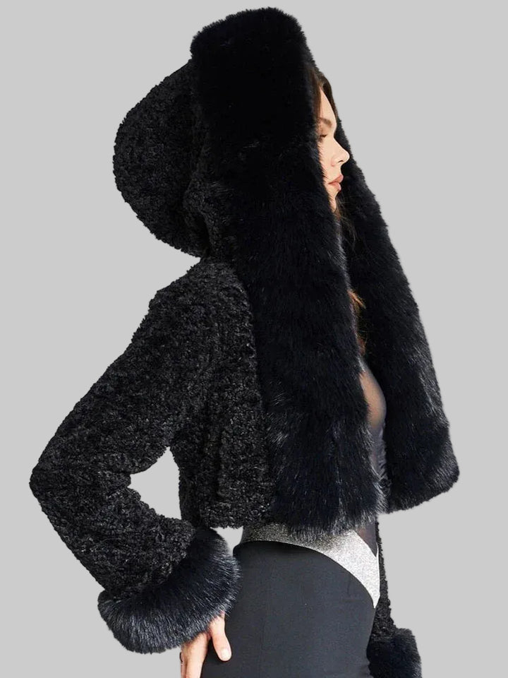 Women's Cropped Faux Fur Jacket with Oversized Hood and Wide Cuffs